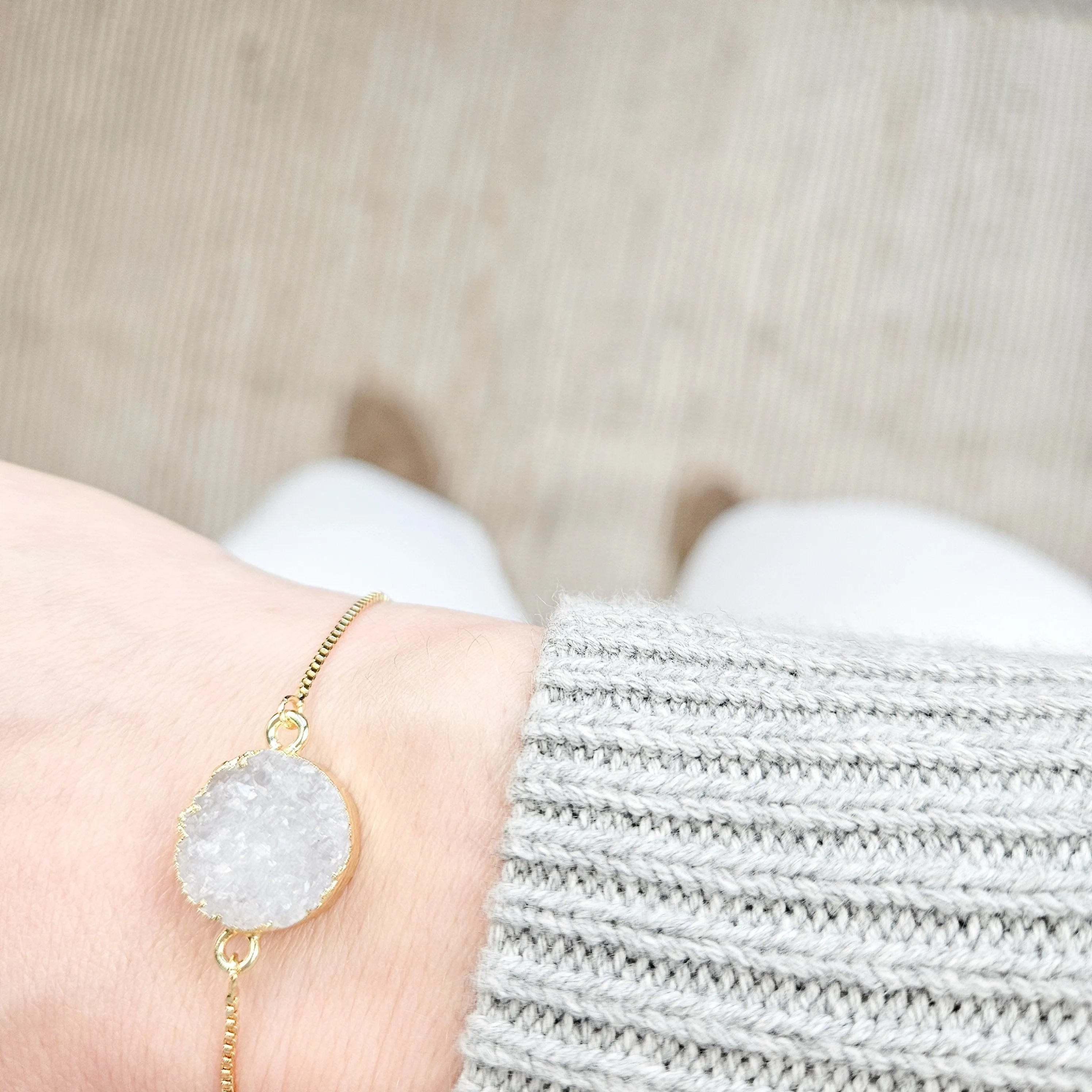 Adjustable Round Druzy Quartz Crystal Bracelet