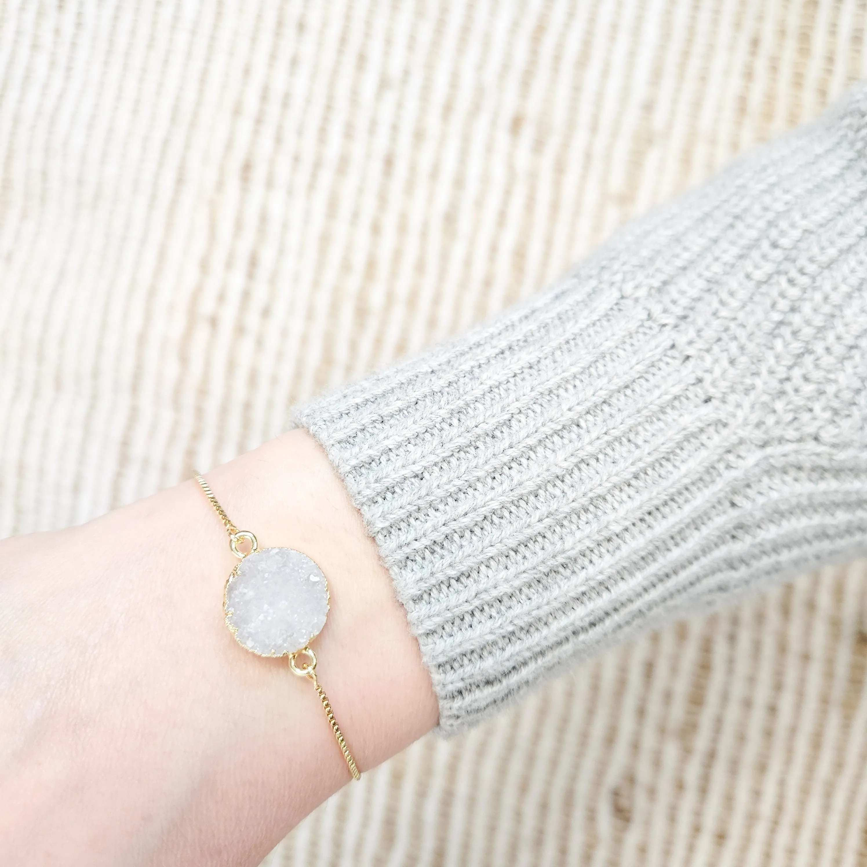 Adjustable Round Druzy Quartz Crystal Bracelet