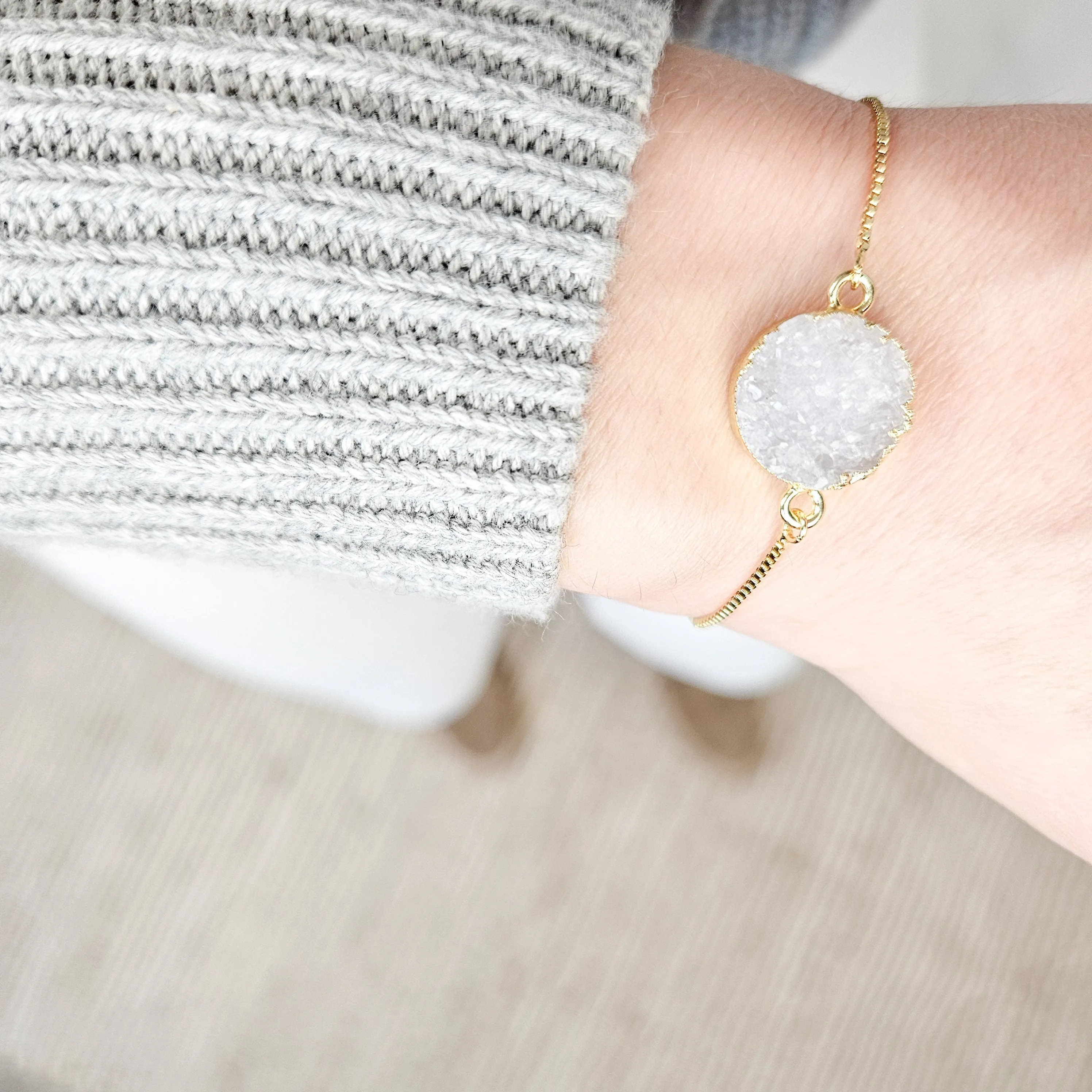 Adjustable Round Druzy Quartz Crystal Bracelet