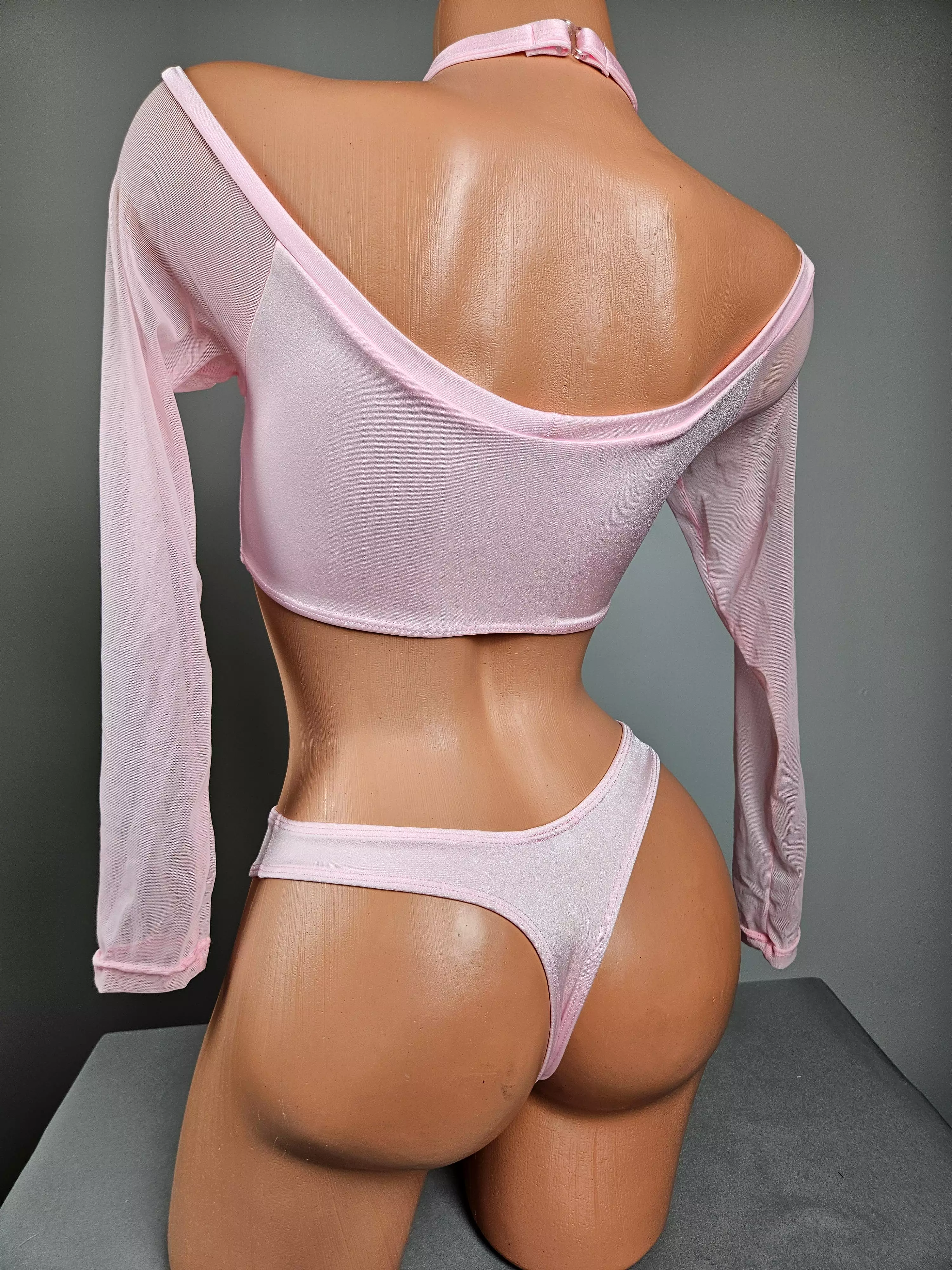 Baby Pink Off The Shoulder Long Sleeve Thong Bikini