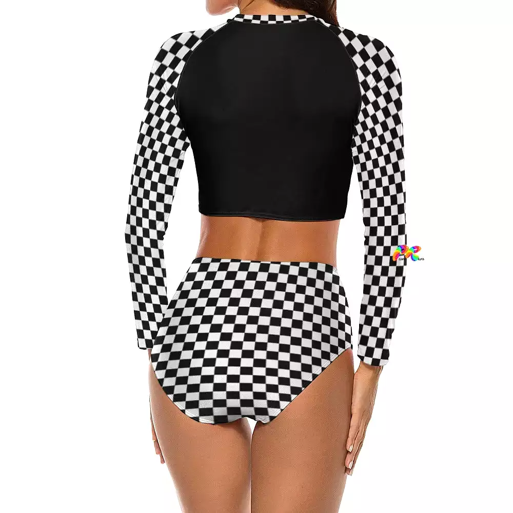 Checkered Long Sleeve High Waist Bikini