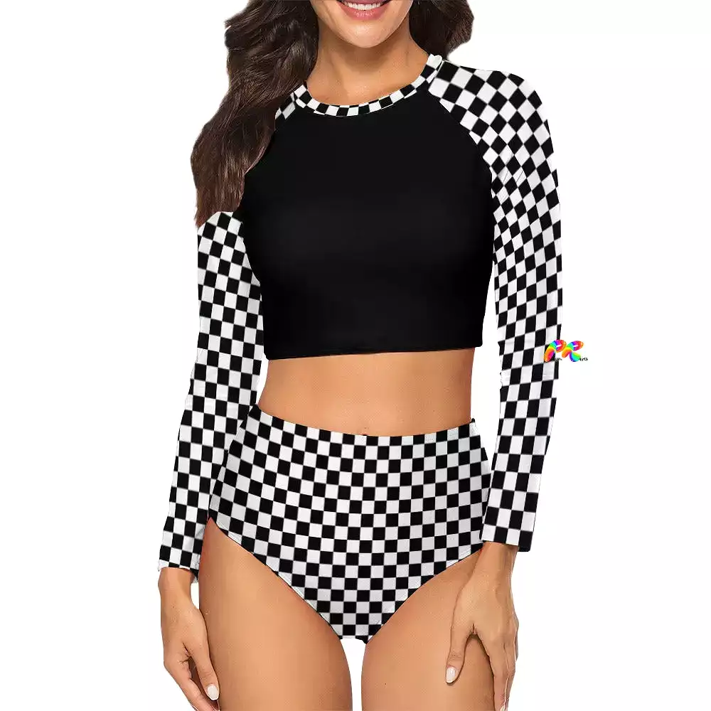 Checkered Long Sleeve High Waist Bikini