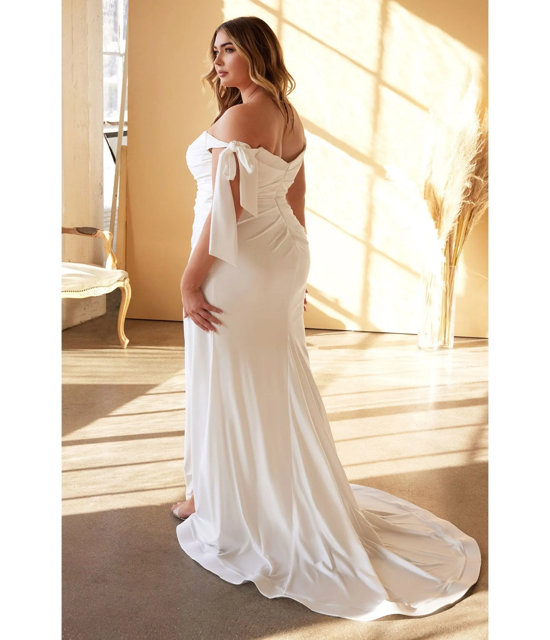 Cinderella Divine  Plus Size White Off The Shoulder Trumpet Bridal Gown