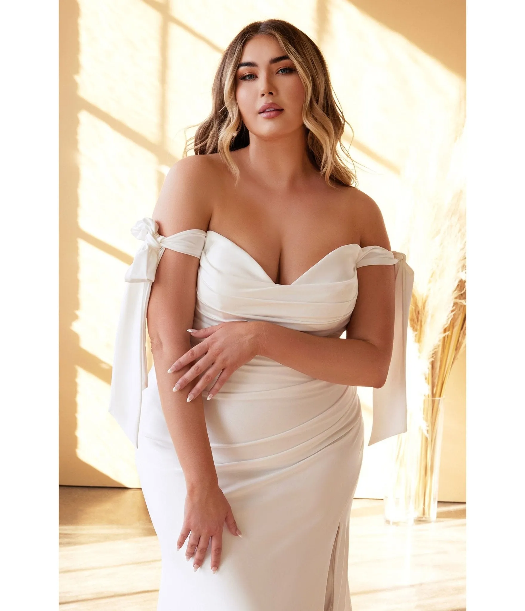 Cinderella Divine  Plus Size White Off The Shoulder Trumpet Bridal Gown