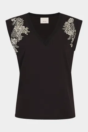 Crystal Ivy Embellished V-Neck Bella Tee in Black