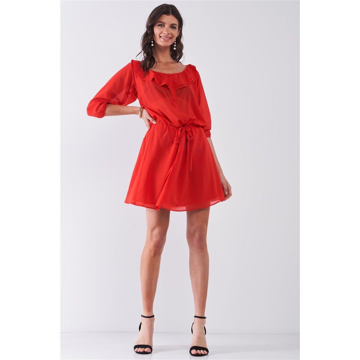 Flame Red Boat Neck Ruffle Collar Midi Sleeve Self-tie Waist Front Button Down Mini Dress