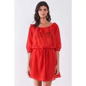 Flame Red Boat Neck Ruffle Collar Midi Sleeve Self-tie Waist Front Button Down Mini Dress