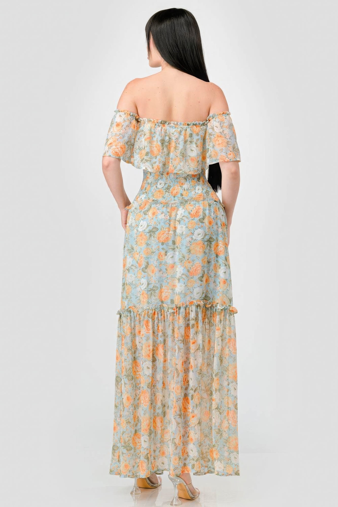 Floral Chiffon Off Shoulder Smocked Back Ruffled Tiered Maxi Dress