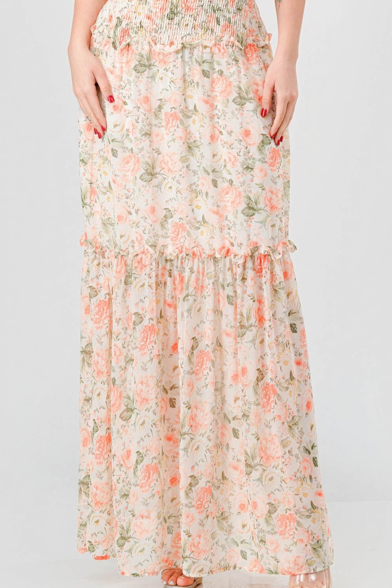 Floral Chiffon Off Shoulder Smocked Back Ruffled Tiered Maxi Dress