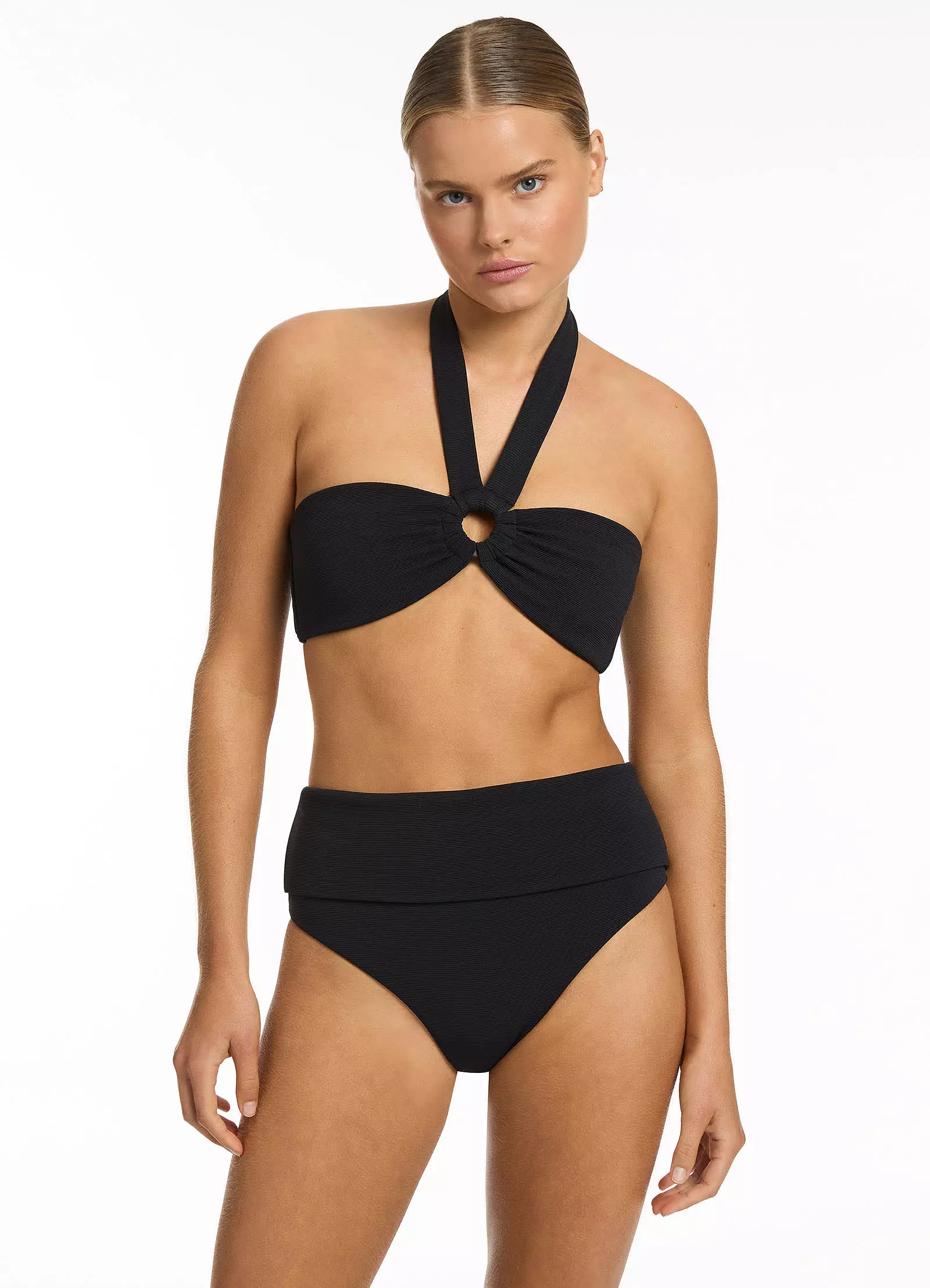 Isla Rib Bandeau Bikini Halter Top - Black