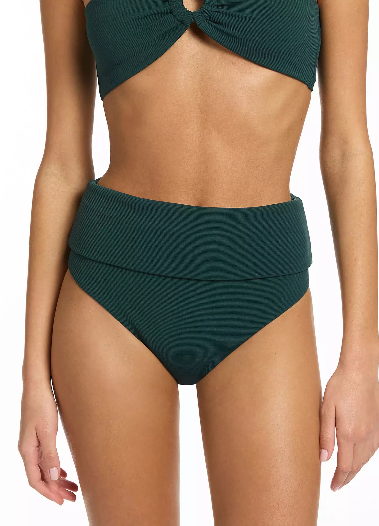 Isla Rib Fold Down High Waisted Bikini Bottom - Forest