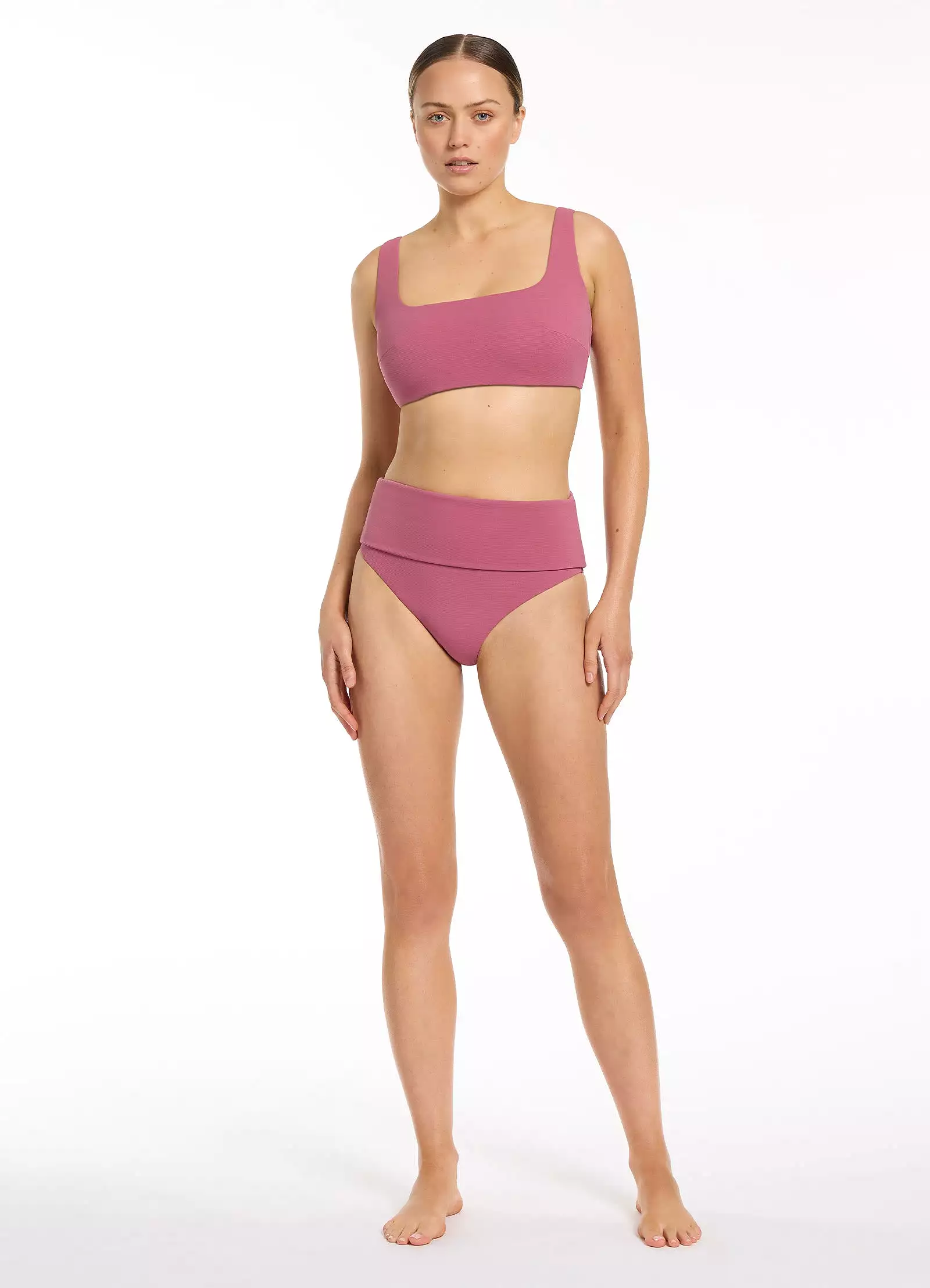 Isla Rib Fold Down High Waisted Bikini Bottom - Mauve