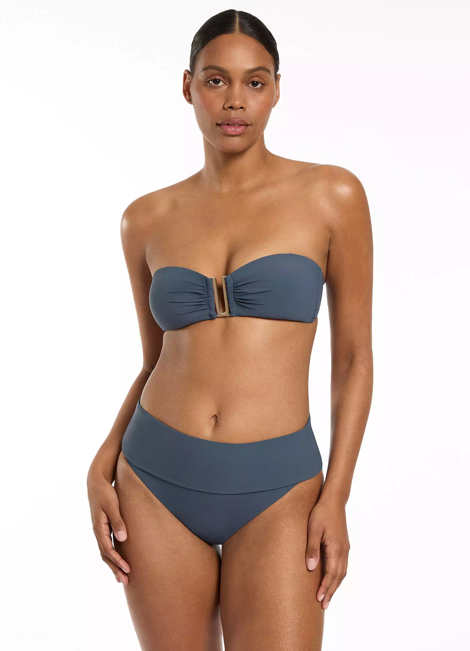 Jetset Fold Down High Waisted Bikini Bottom - Steel Blue