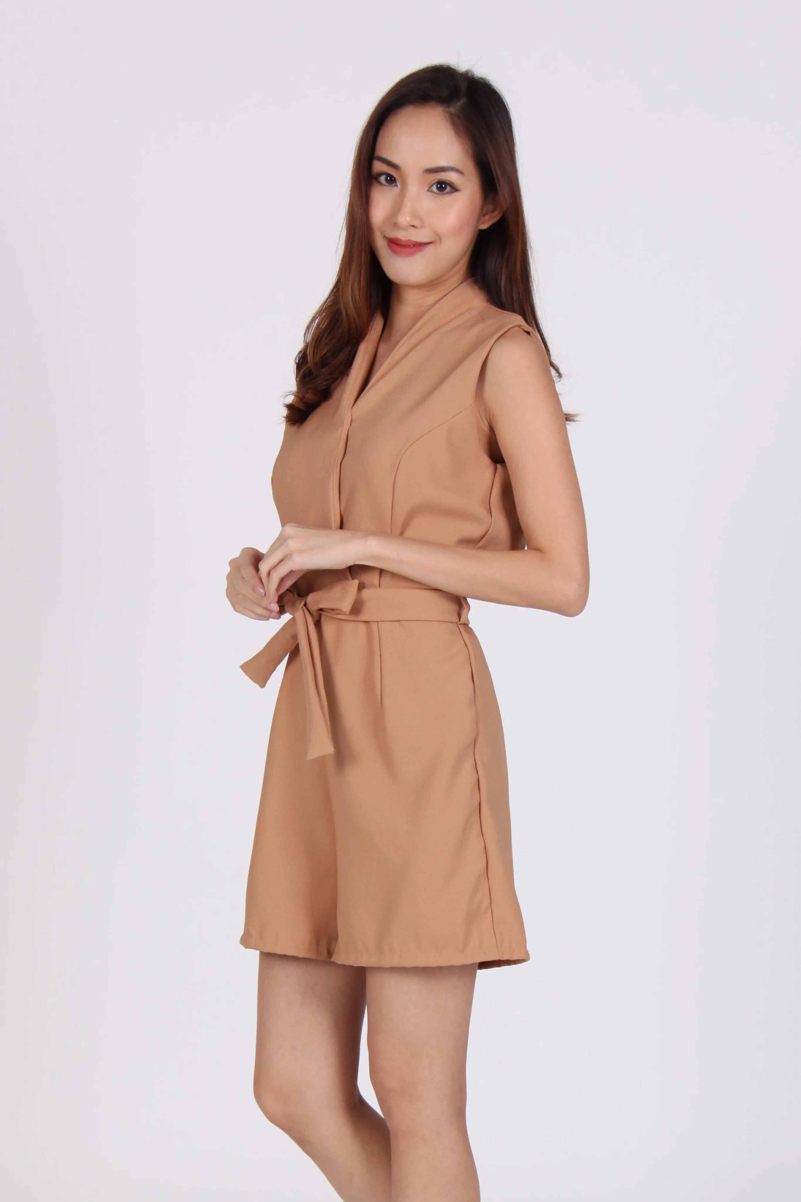 Overlap Sleeveless Romper in Beige