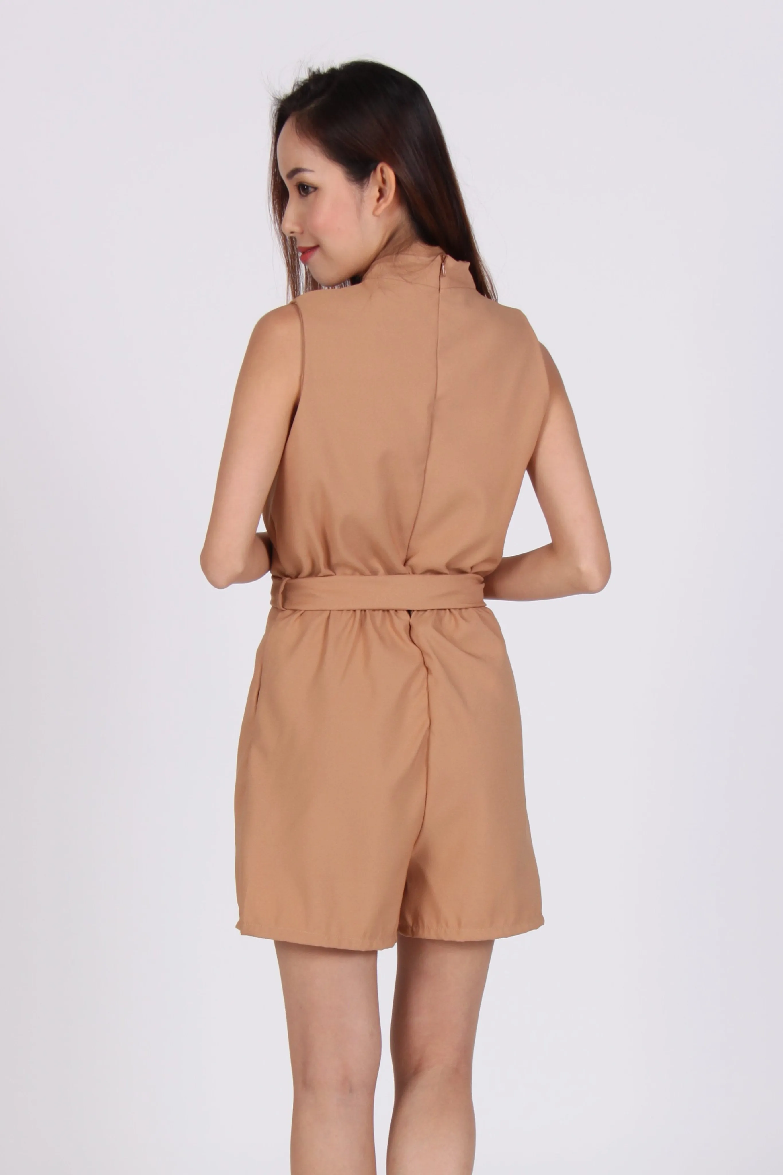 Overlap Sleeveless Romper in Beige