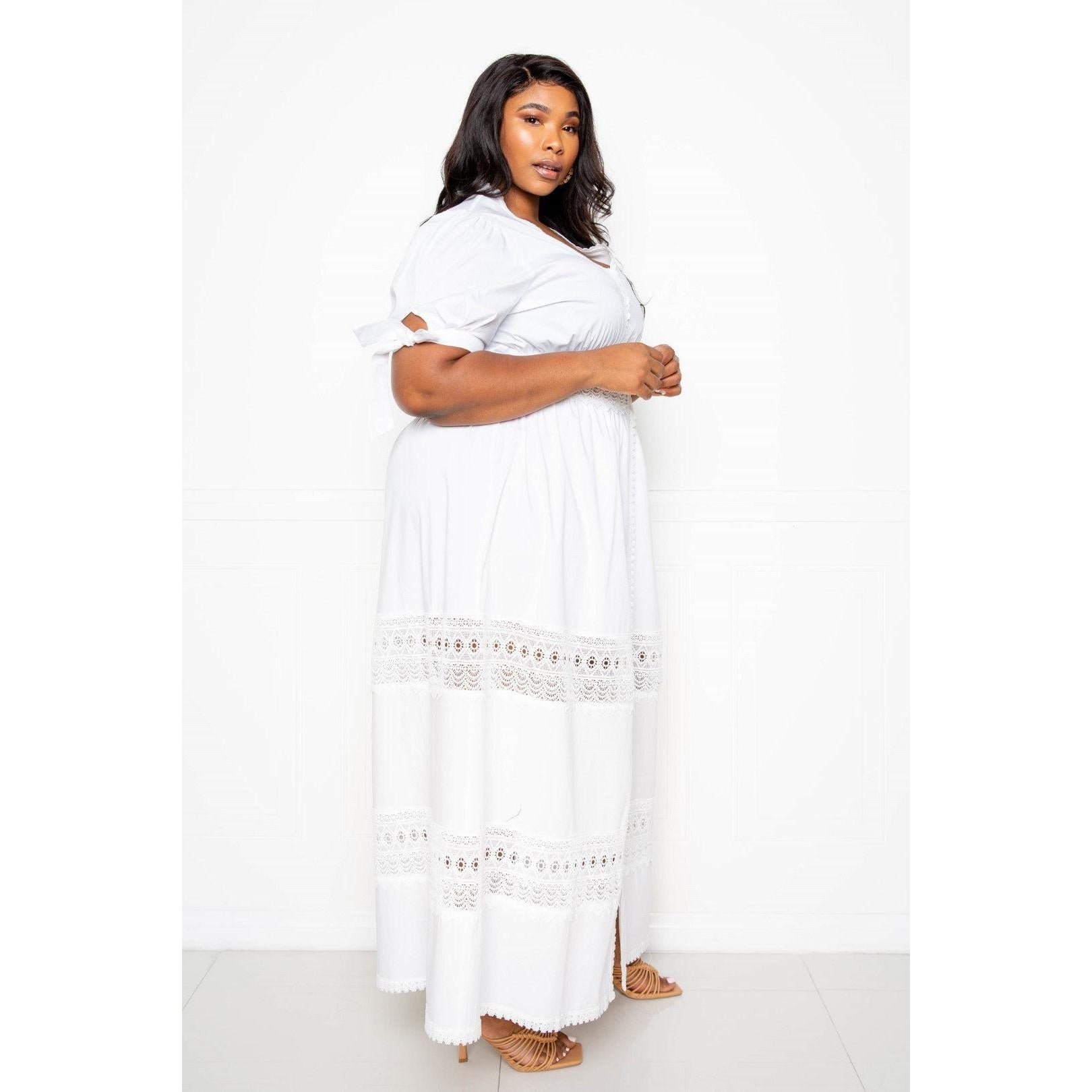 Puff Sleeve Maxi Dress With Lace Insert