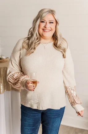 Ready To Sparkle Long Sleeve Top- Taupe