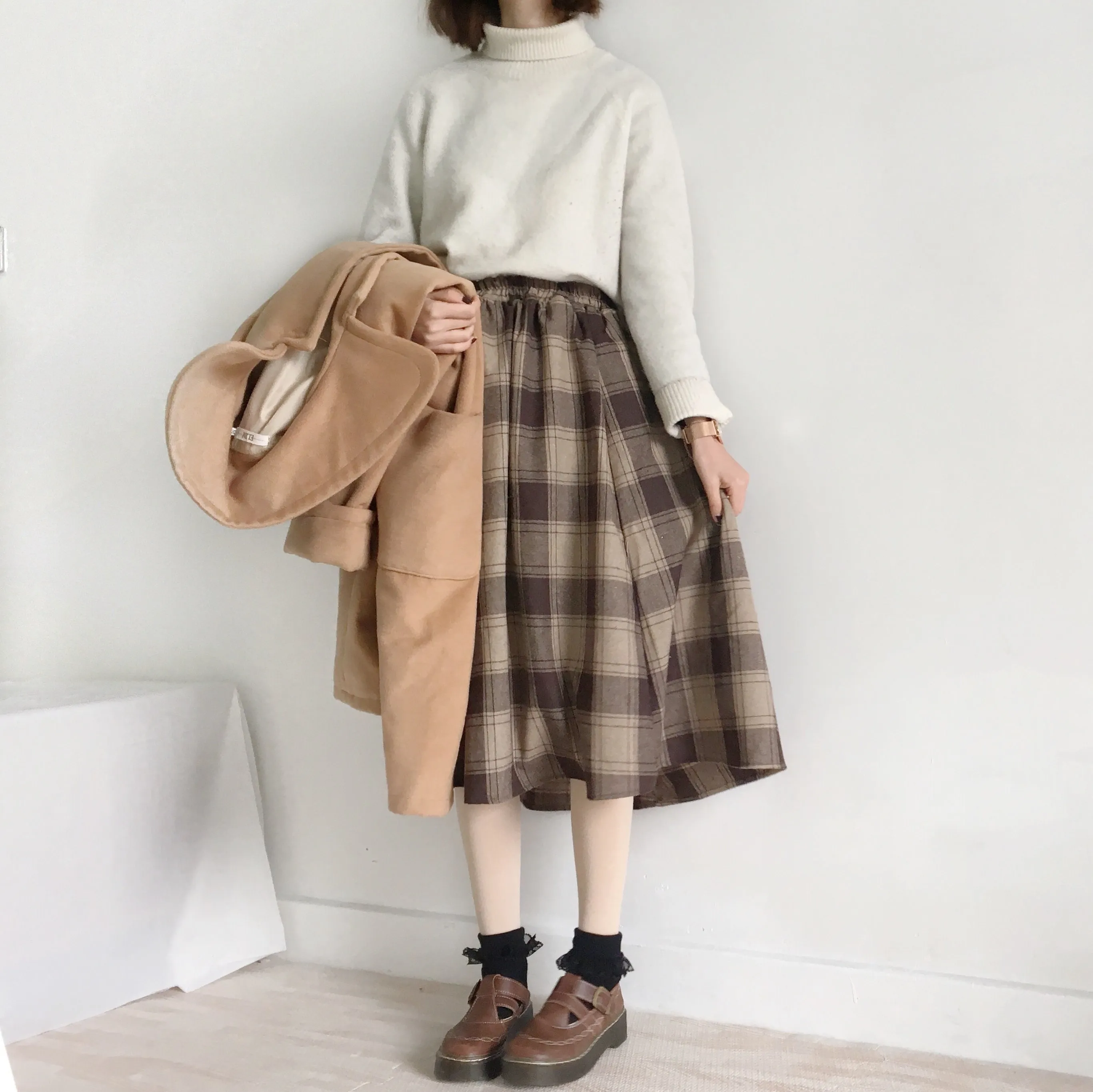 RETRO CHOCOLATE PLAID WOOL SKIRT BY61120